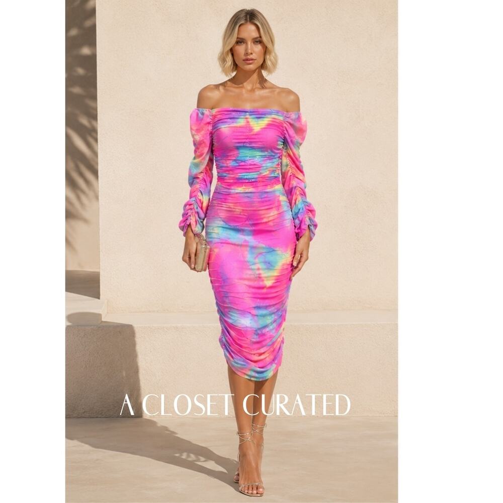 Sies Marjan Jolene Glitter Tie Dye Off the Shoulder Dress 0 NWT Pink Blue Yellow